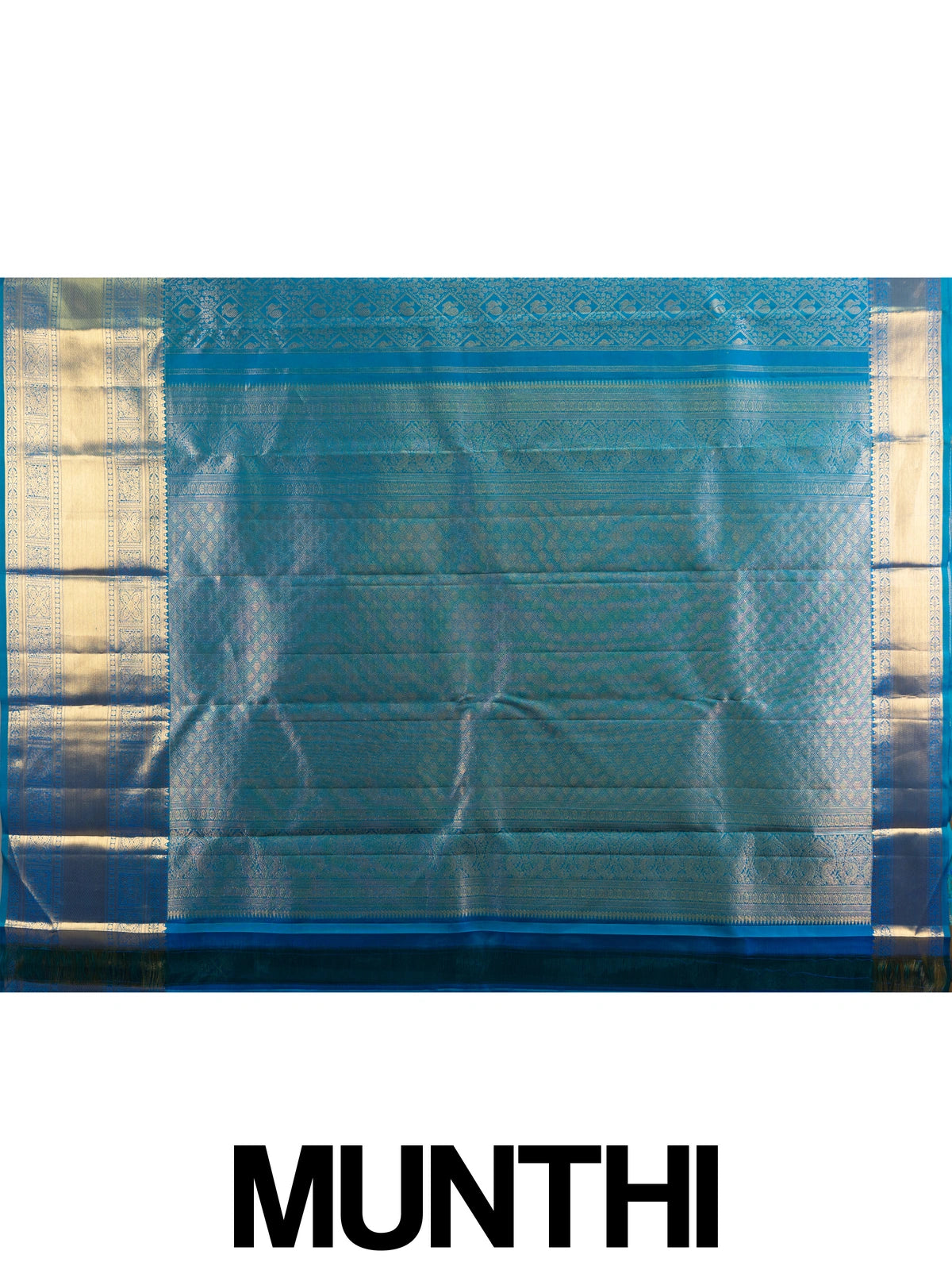 Peacock blue pure Kanchipuram silk saree with all-over gold zari brocade, peacock motifs and broad contrast gold zari border