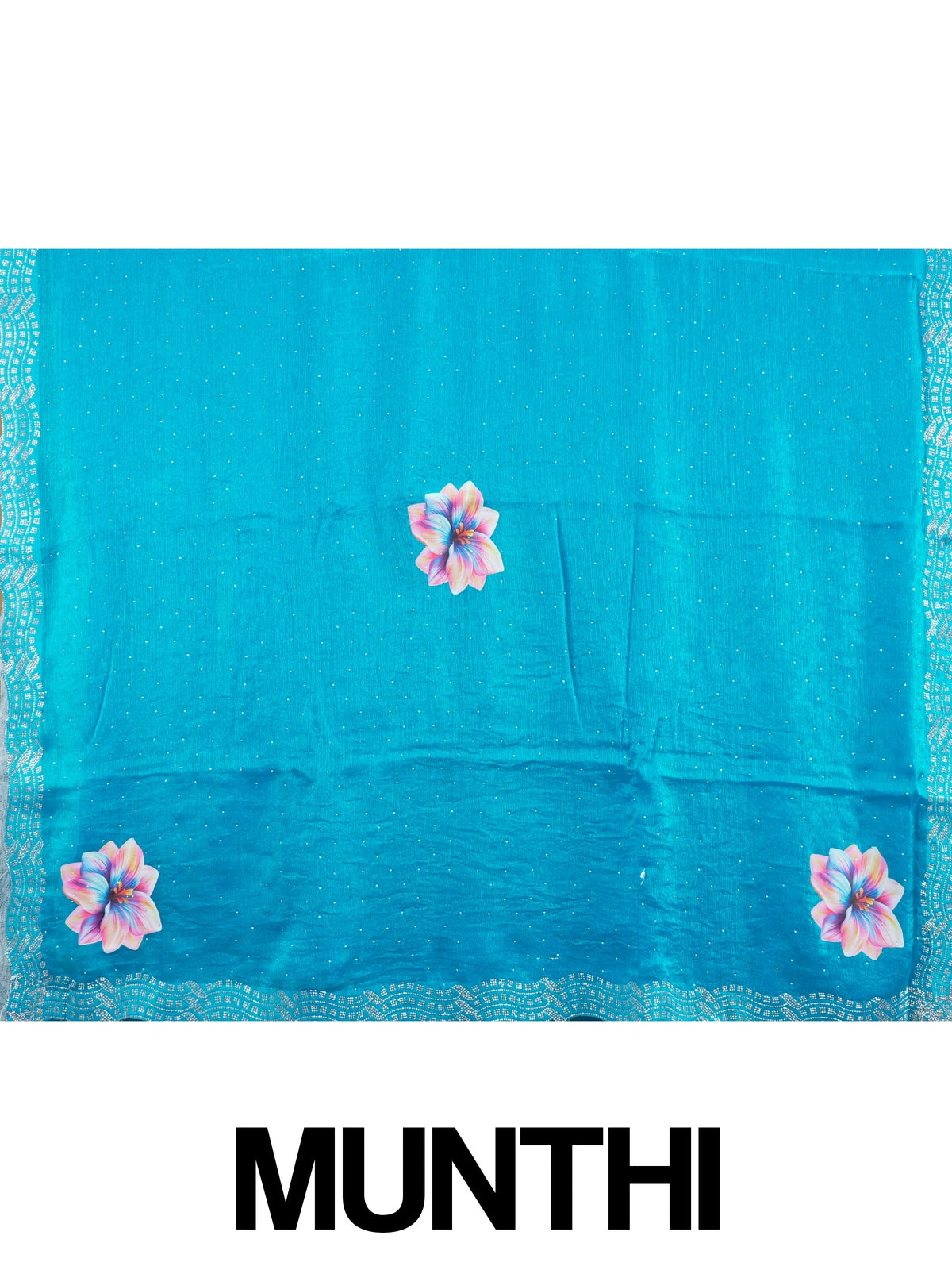 Teal blue designer art silk saree with multicolour floral prints and stone-work scalloped border