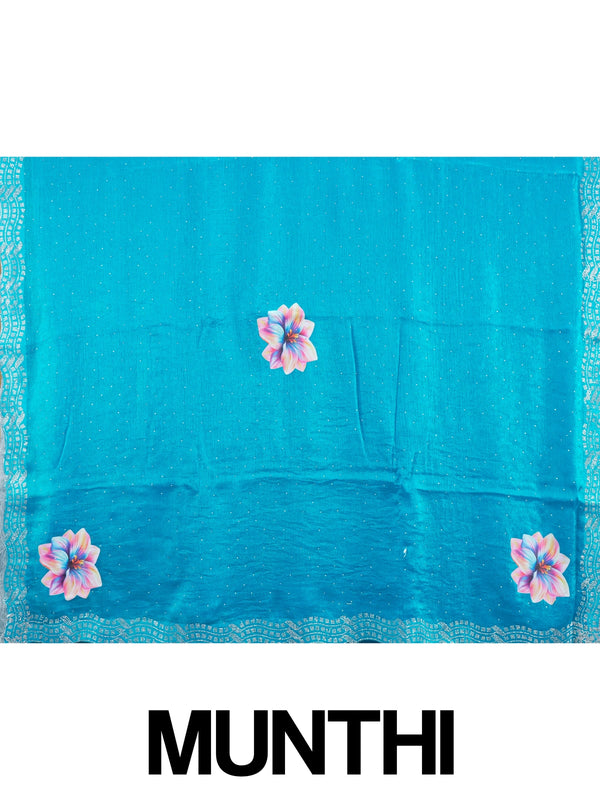 Teal blue designer art silk saree with multicolour floral prints and stone-work scalloped border