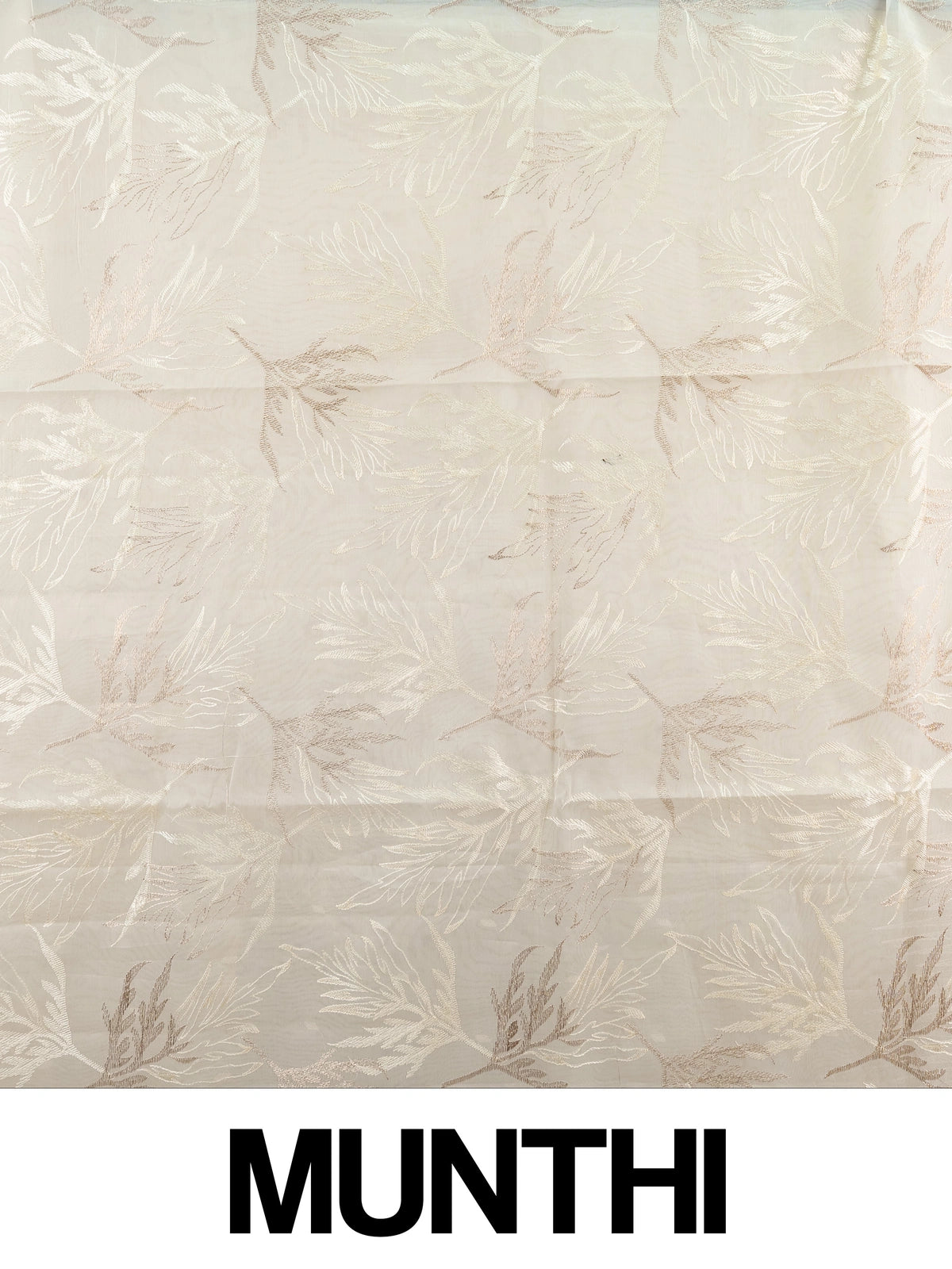 Cream organza designer saree with gold leaf embroidery and scalloped border
