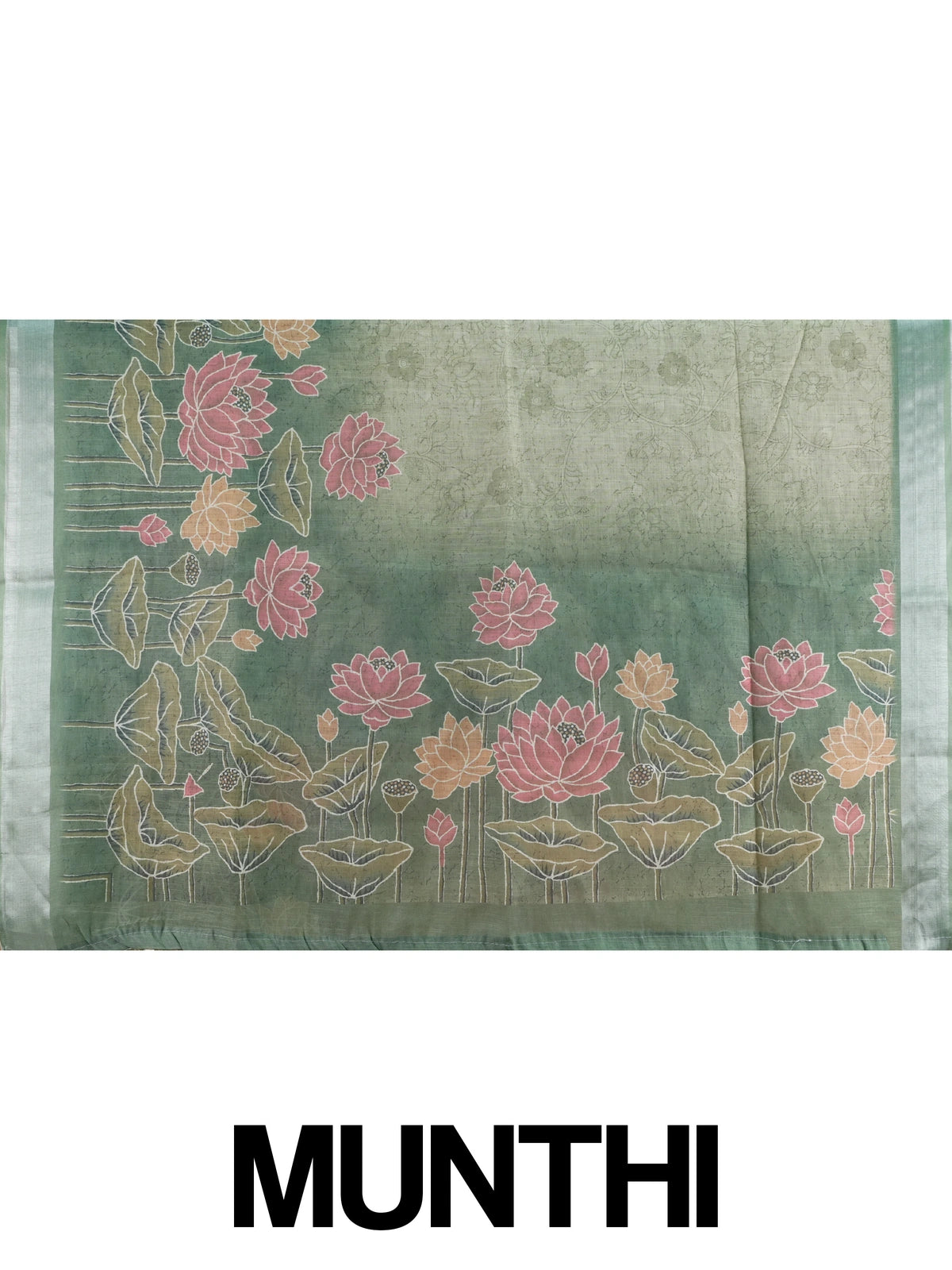 Beige and sage green linen cotton saree with silver zari border and pink lotus print pallu