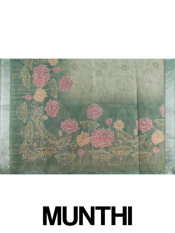 Beige and sage green linen cotton saree with silver zari border and pink lotus print pallu