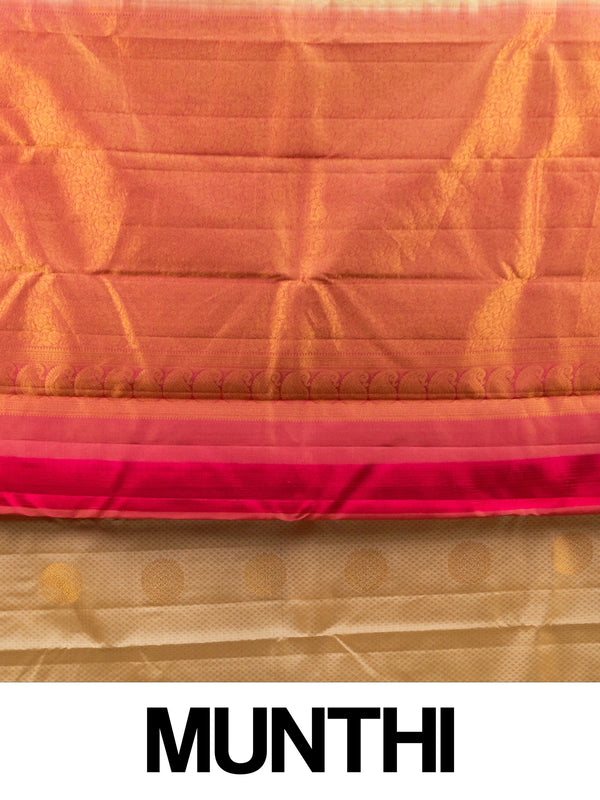 Cream pure Kanchipuram silk saree with gold zari buttas and contrast orange-red zari border