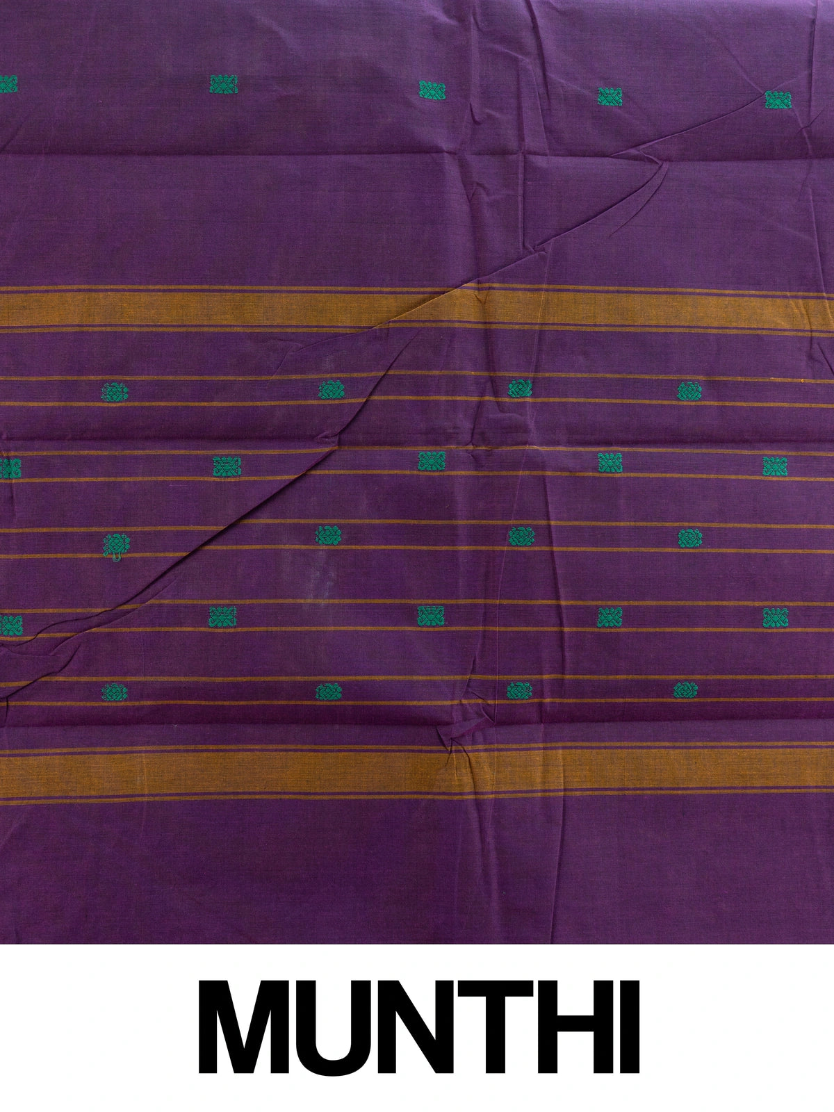 Purple Chettinad cotton saree with teal-green gold zari contrast border, temple motifs and green butta