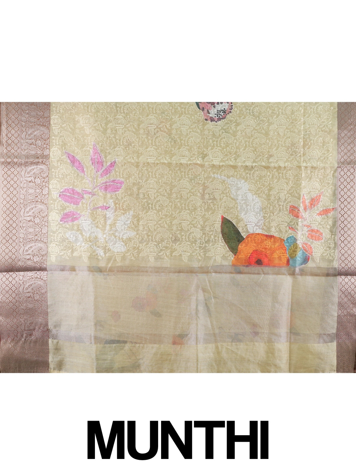 Cream and mauve floral designer tissue saree with woven jaal and contrast zari border