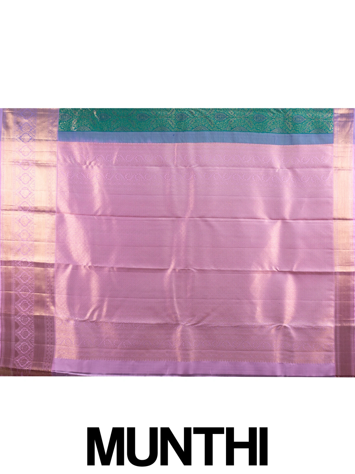Teal green pure Kanchipuram silk saree with gold zari brocade and contrast lilac pink border and pallu