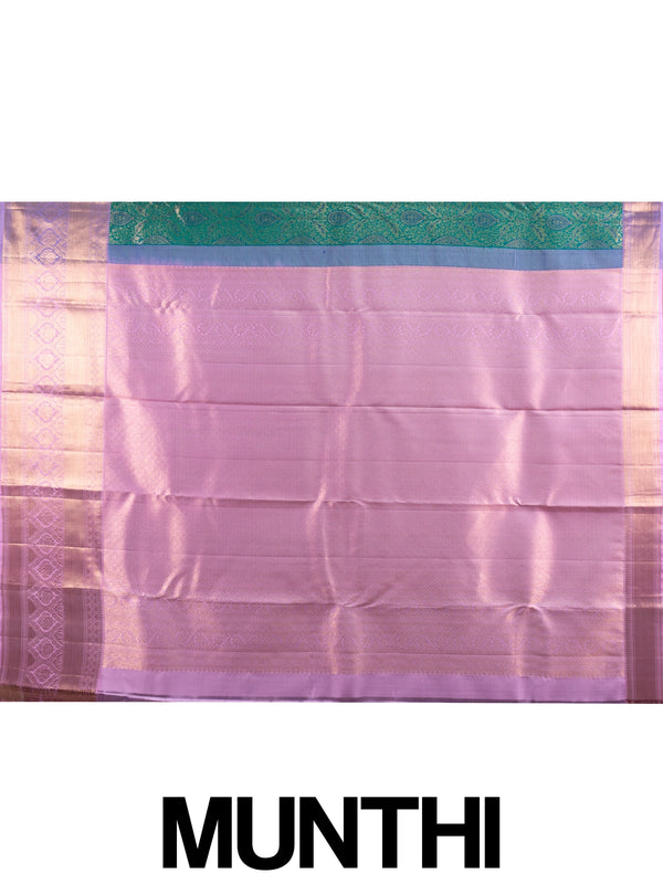 Teal green pure Kanchipuram silk saree with gold zari brocade and contrast lilac pink border and pallu
