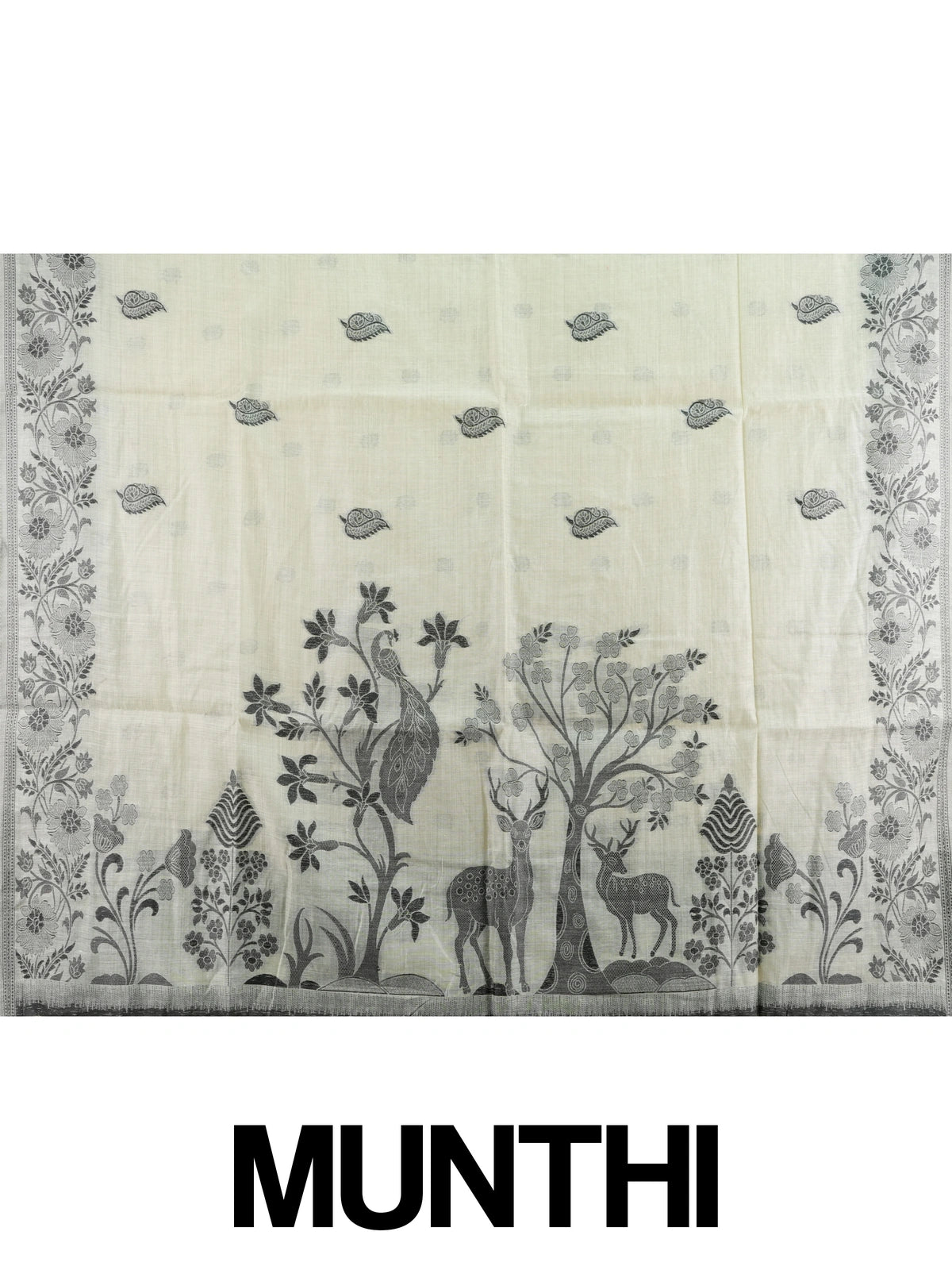 Cream linen cotton saree with grey floral border and peacock-deer motif pallu