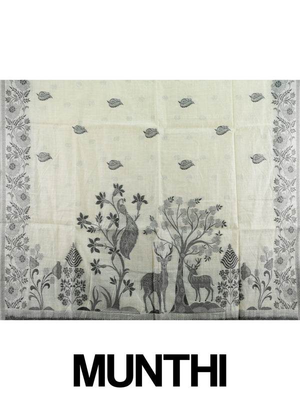 Cream linen cotton saree with grey floral border and peacock-deer motif pallu