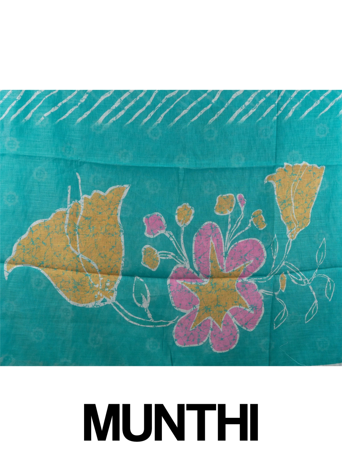 Teal and white leheriya printed linen cotton saree with floral pallu and gold border