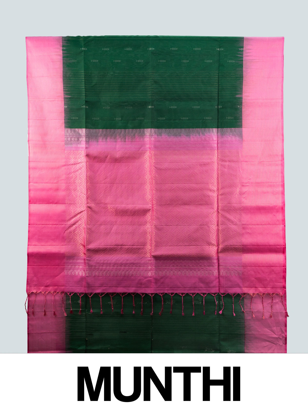 Bottle green soft silk saree with contrast pink zari border and tasselled pallu