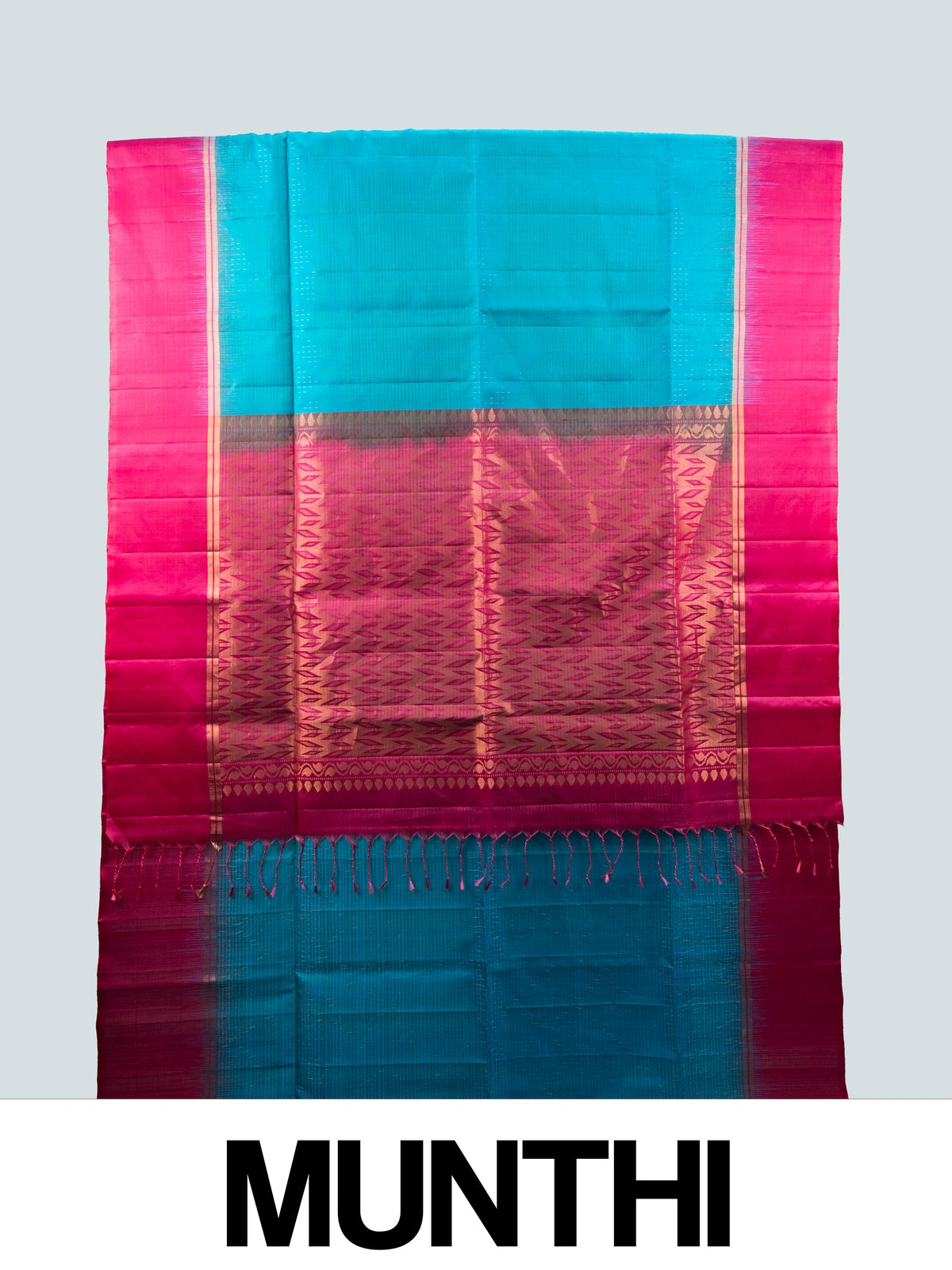 Peacock blue soft silk saree with contrast pink gold zari temple border and pallu