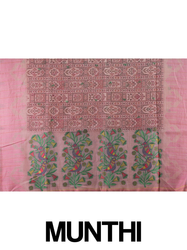 Dusty pink linen cotton saree with ikat patola body and Madhubani bird pallu
