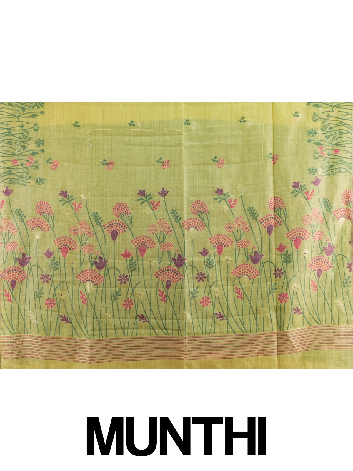 Yellow linen cotton saree with pink and purple floral motifs, floral meadow pallu and contrast green blouse