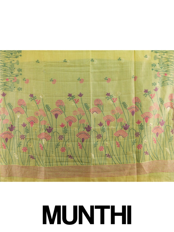 Yellow linen cotton saree with pink and purple floral motifs, floral meadow pallu and contrast green blouse