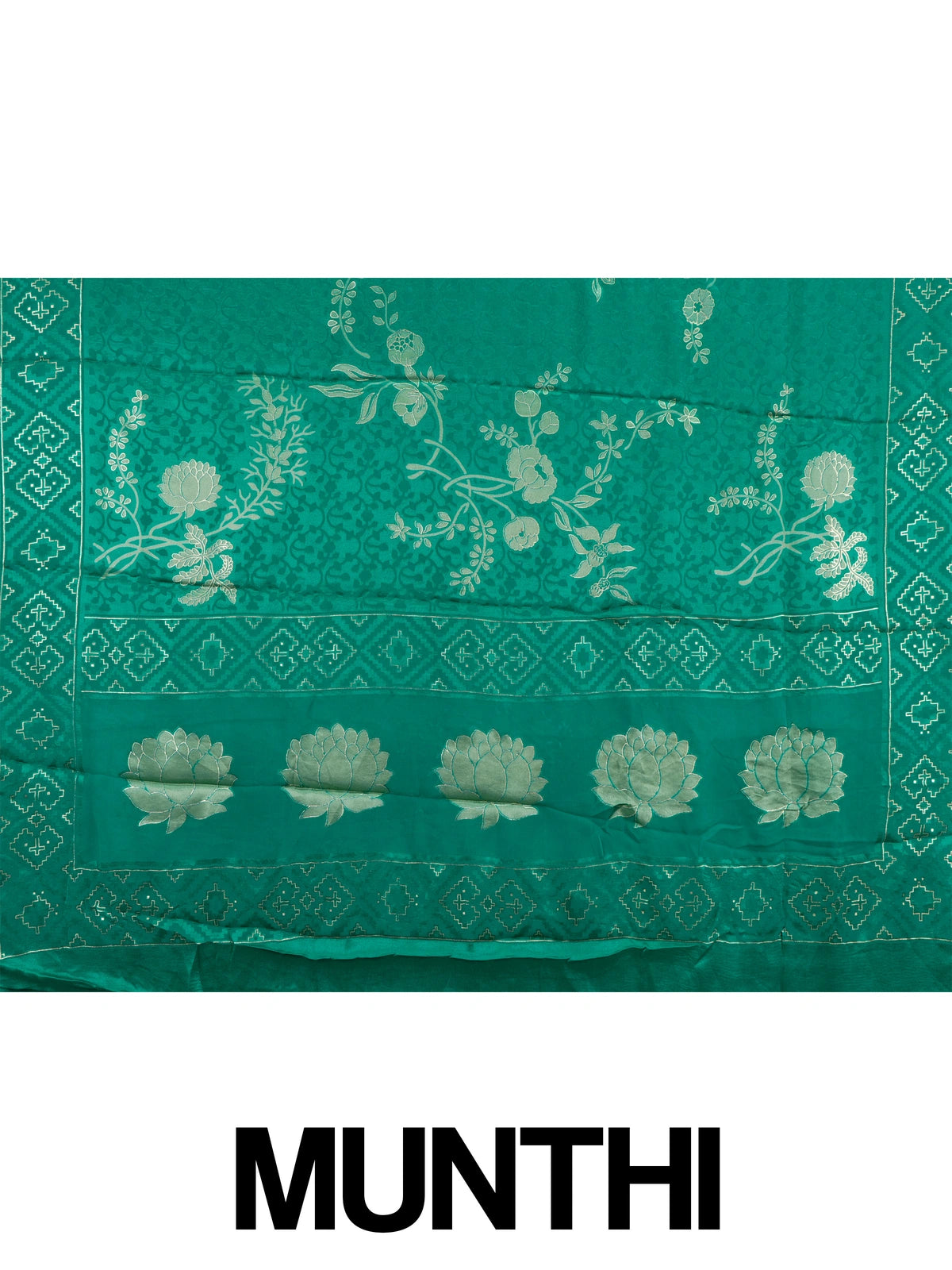 Sea green designer saree with tonal floral weave, lotus pallu motifs and patola-style border