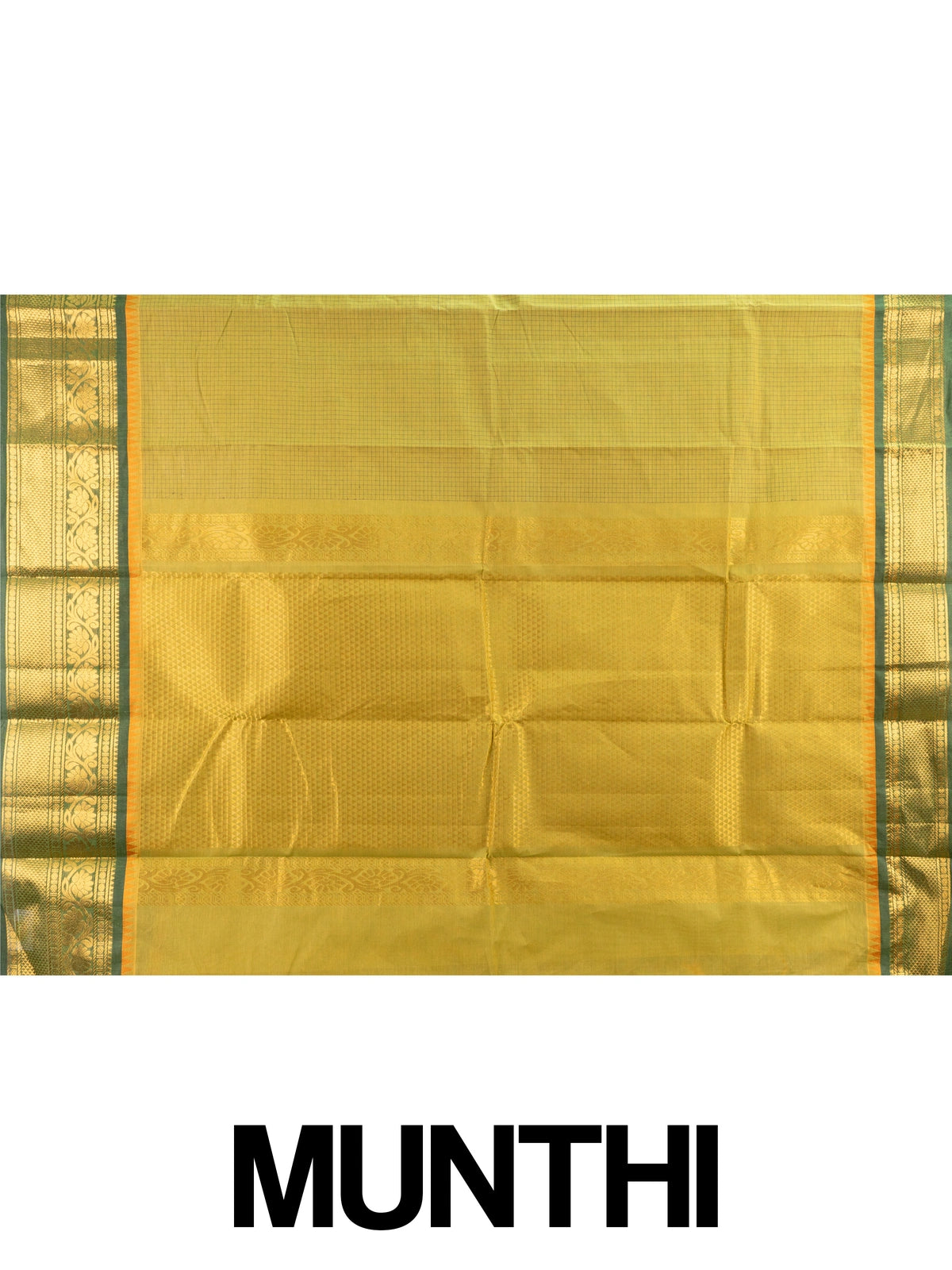 Mehendi green Chettinad cotton saree with checked body and gold zari floral border