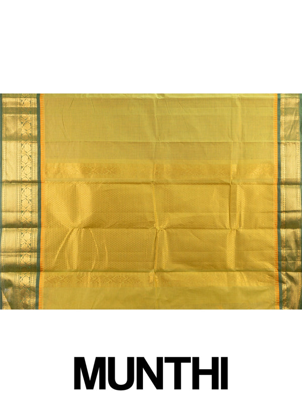 Mehendi green Chettinad cotton saree with checked body and gold zari floral border