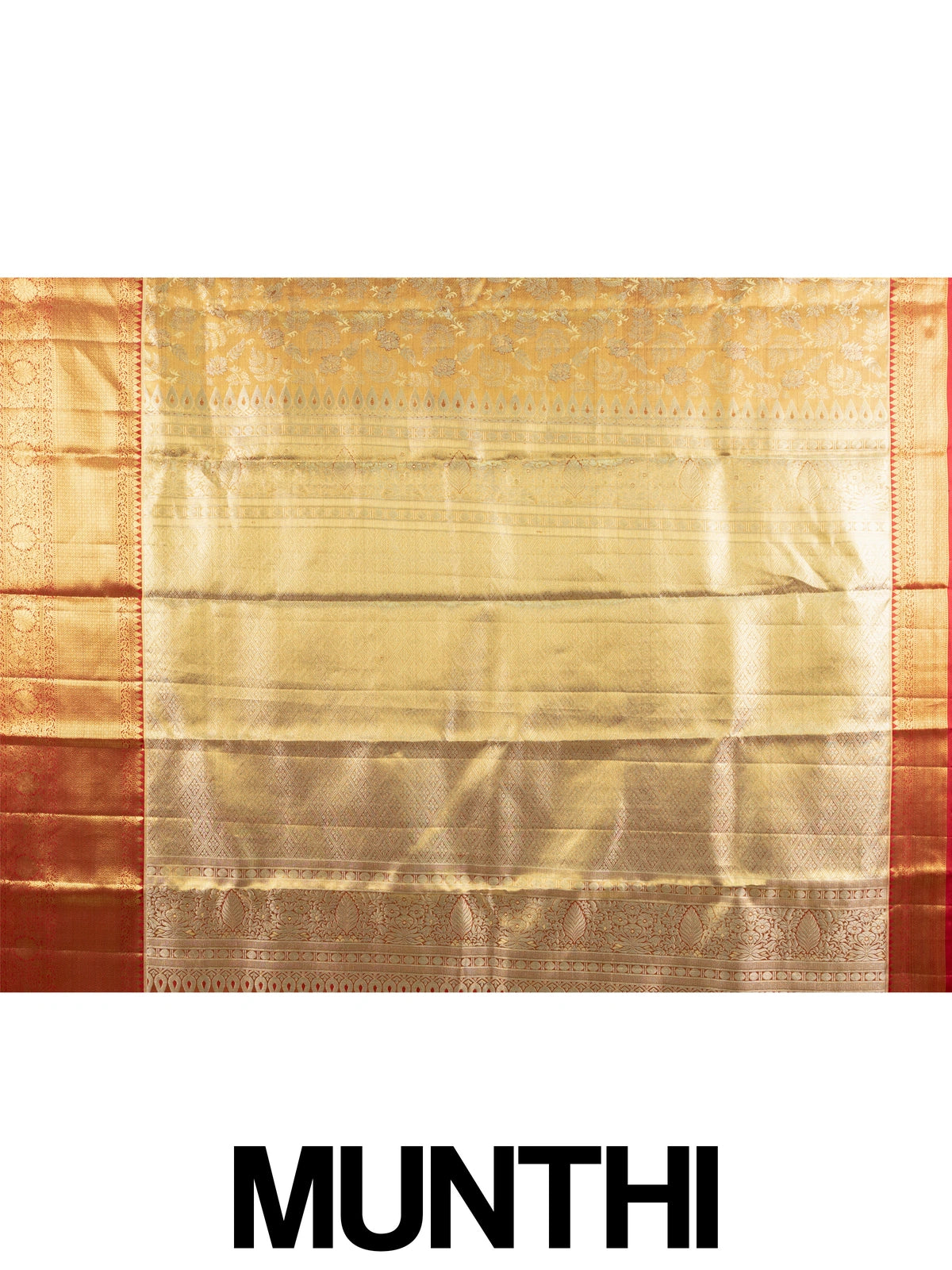 Mustard-gold pure Kanchipuram silk saree with gold zari floral jaal and contrast red zari border