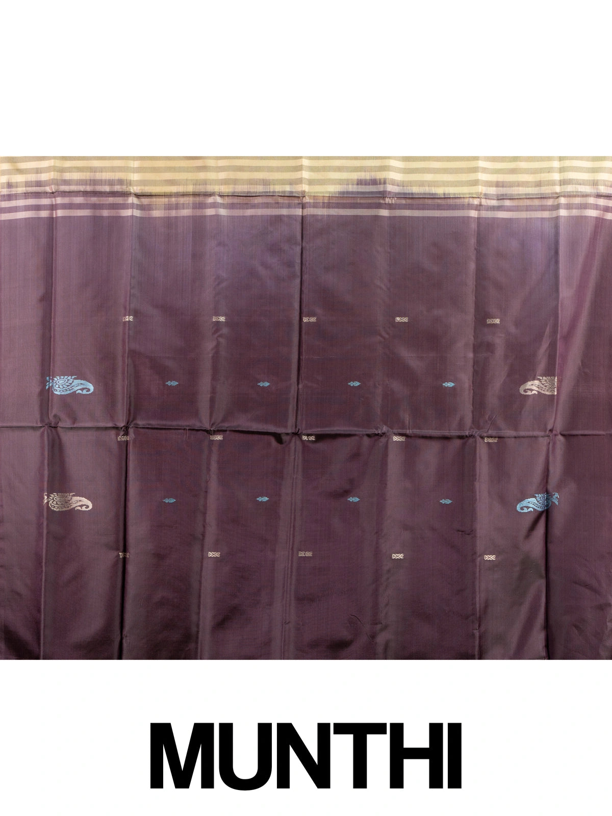 Golden yellow banana silk saree with plum contrast pallu, zari stripes and paisley buttas