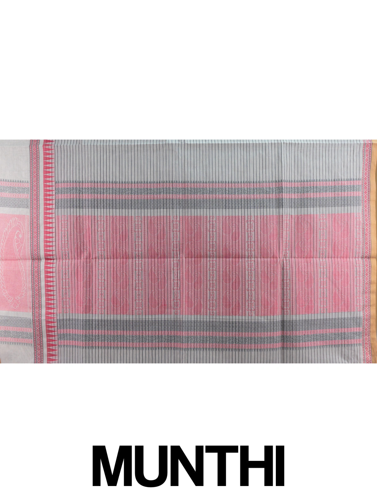 Grey semi raw silk saree with black pinstripes, pink temple border and paisley pallu
