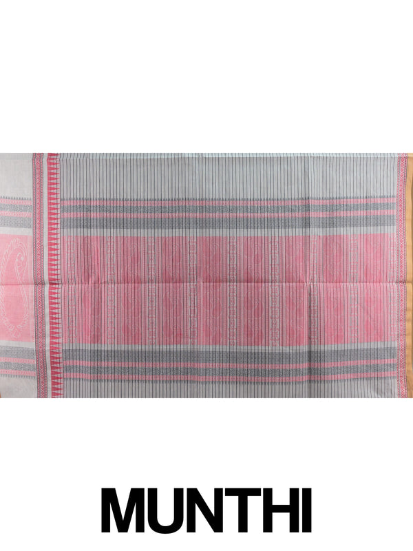 Grey semi raw silk saree with black pinstripes, pink temple border and paisley pallu