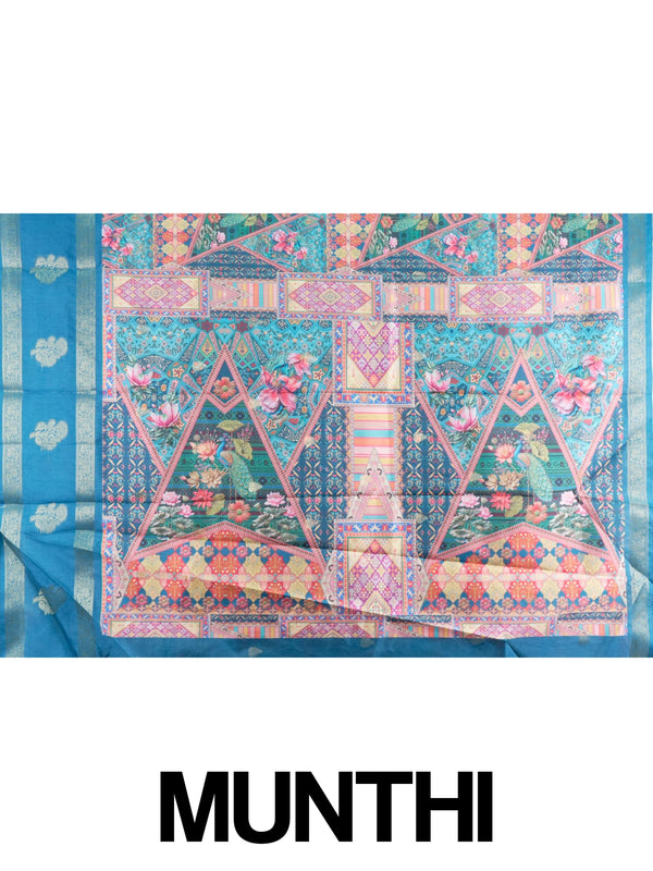 Teal blue and multicolour Dola silk saree with patchwork floral print and silver zari contrast border