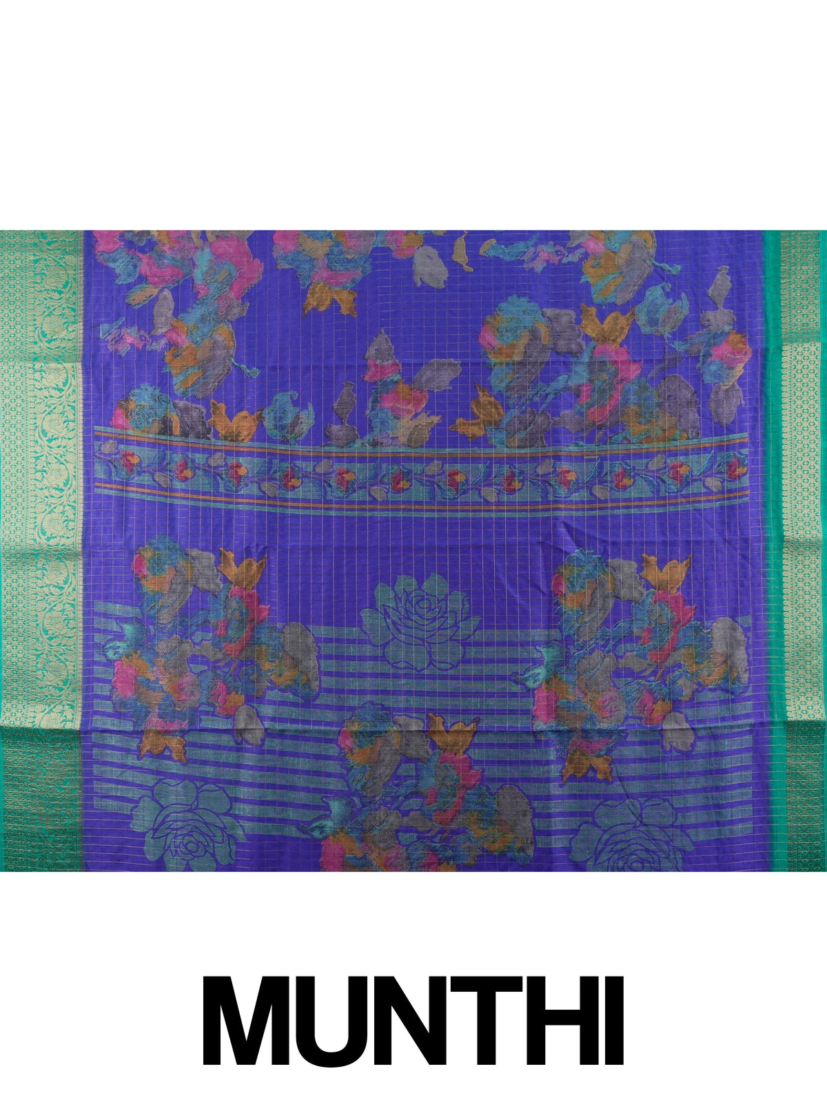 Purple Dola silk saree with multicolour floral print and contrast green gold-zari border