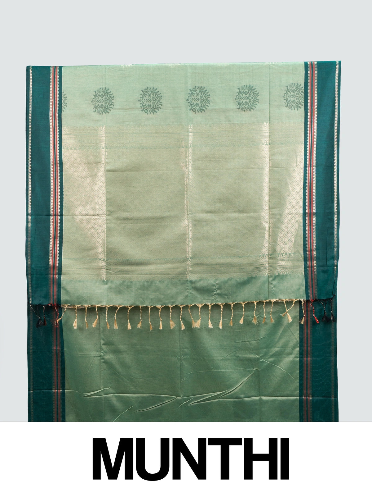 Sage green Kanchipuram fancy silk saree with contrast teal silver zari border and floral butta body