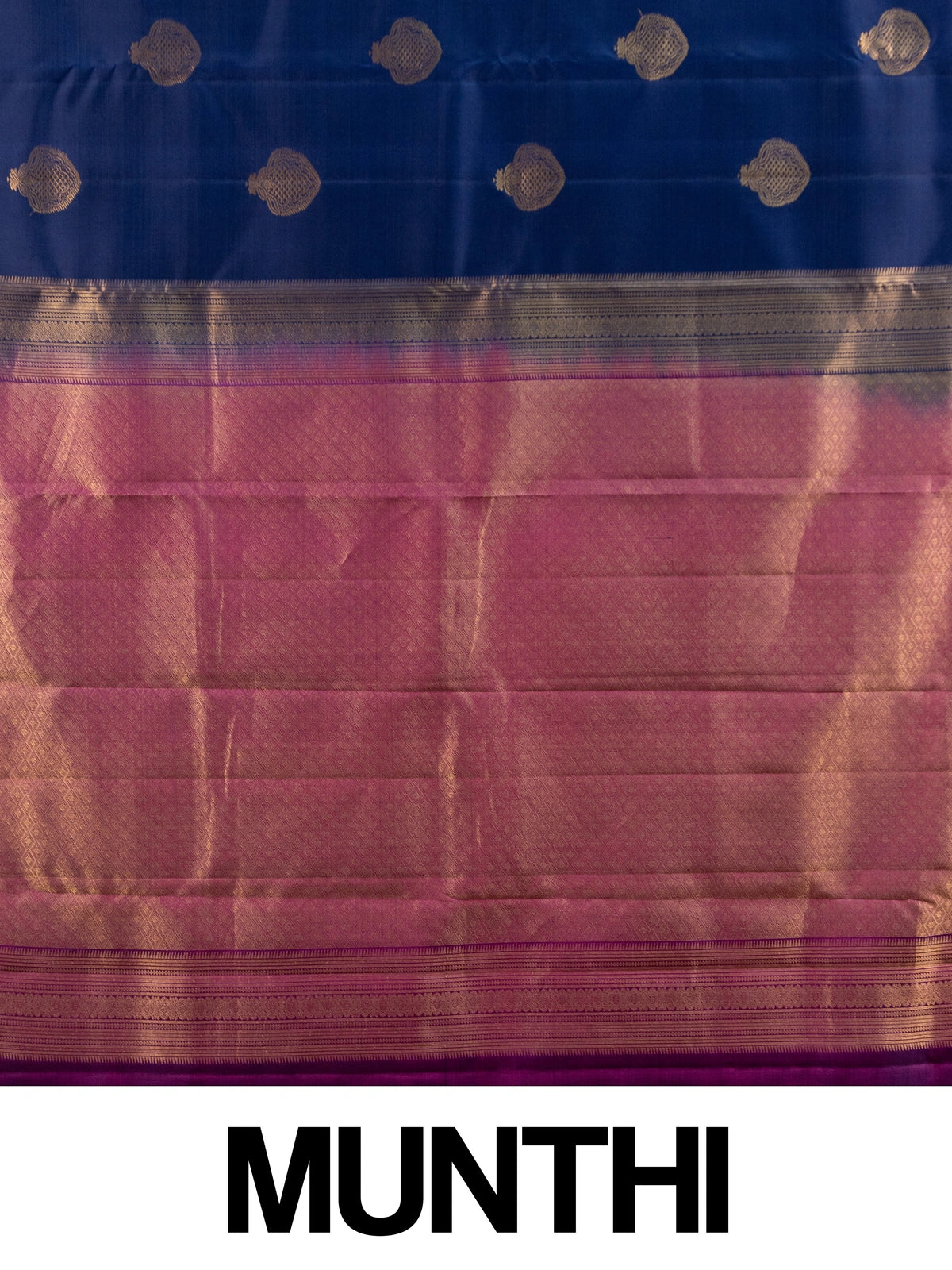 Navy blue pure Kanchipuram silk saree with magenta contrast border and gold zari buta motifs