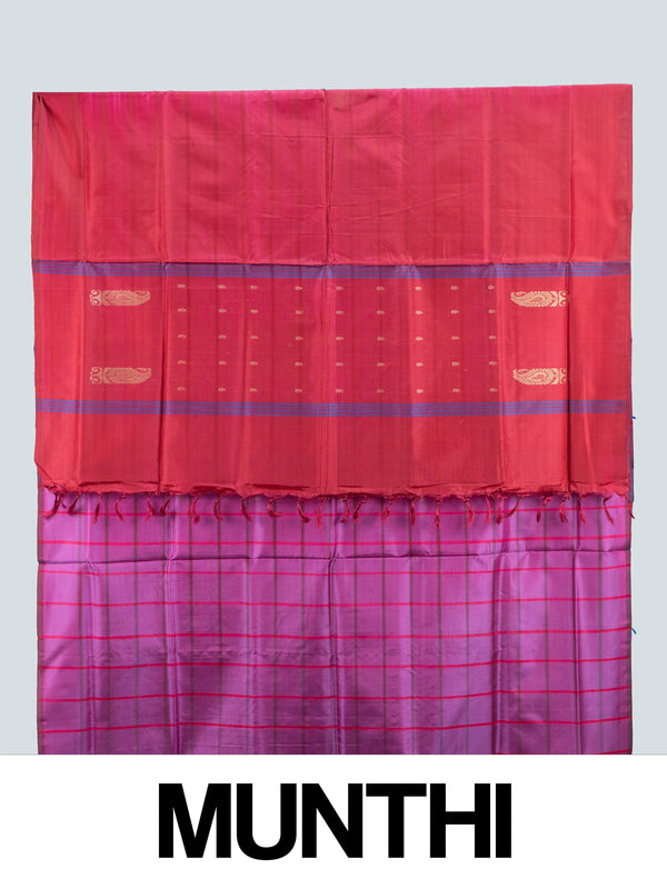 Magenta pink checked Banana silk saree with contrast red zari pallu and border