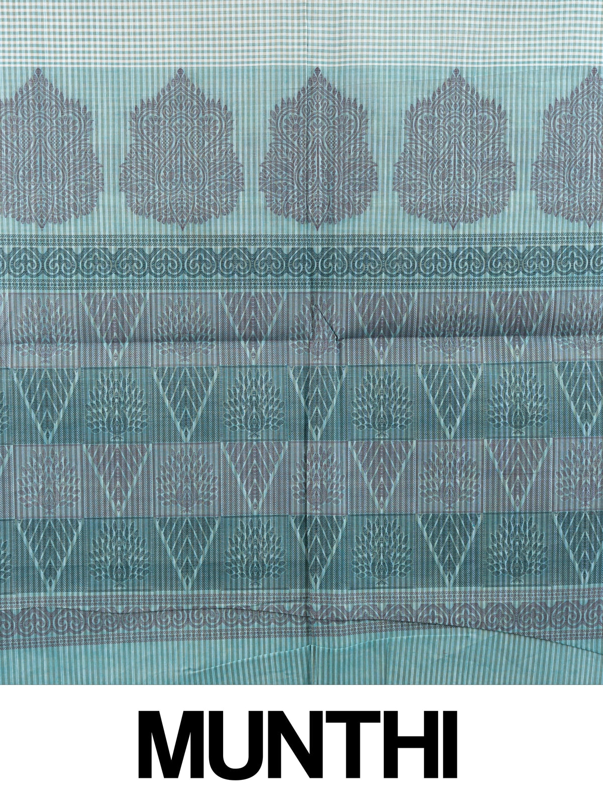 Aqua blue and teal checked silk cotton saree with contrast woven paisley and floral pallu