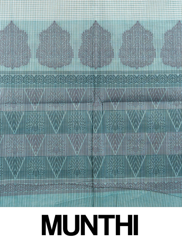 Aqua blue and teal checked silk cotton saree with contrast woven paisley and floral pallu