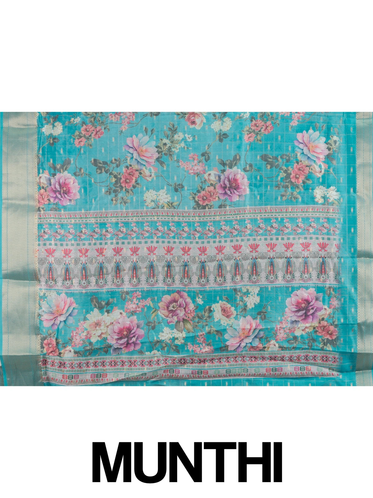 Turquoise blue floral designer saree with gold zari checks and contrast gold border