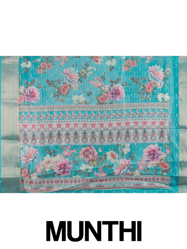 Turquoise blue floral designer saree with gold zari checks and contrast gold border