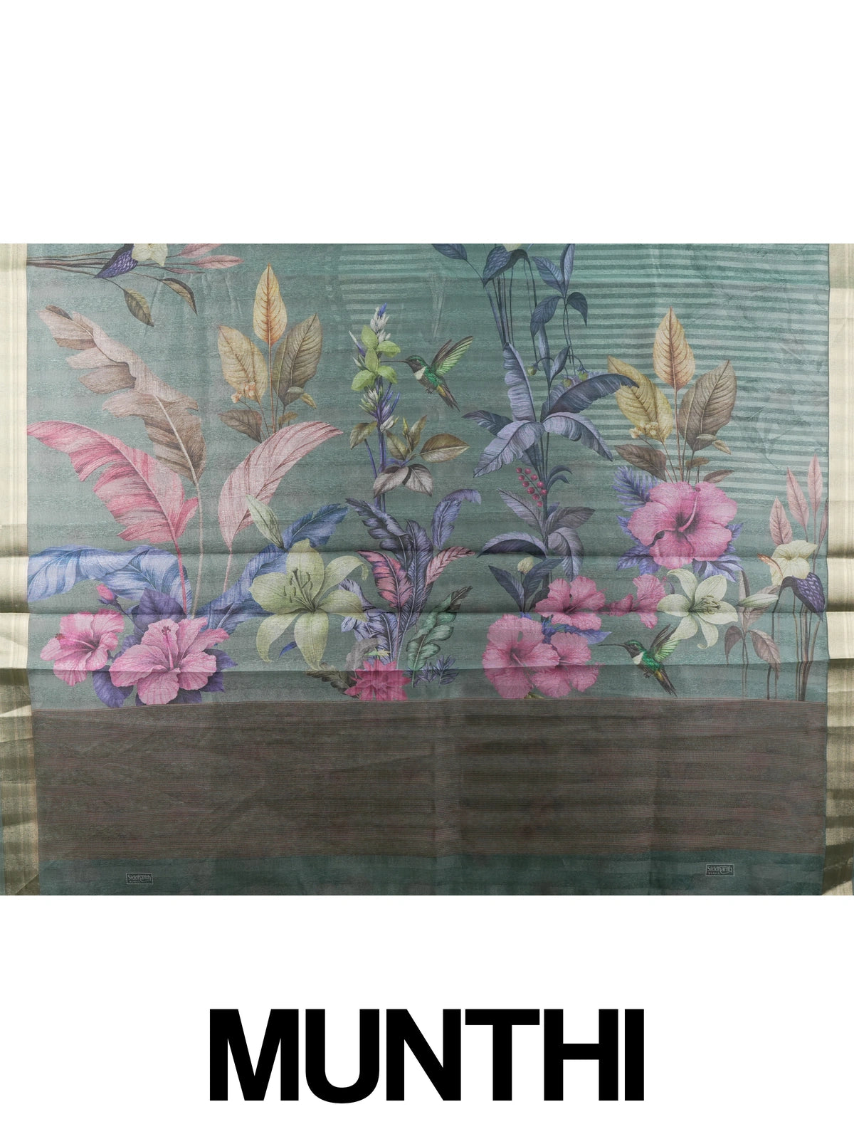 Sage green semi tussar saree with tropical floral print pallu and gold zari border