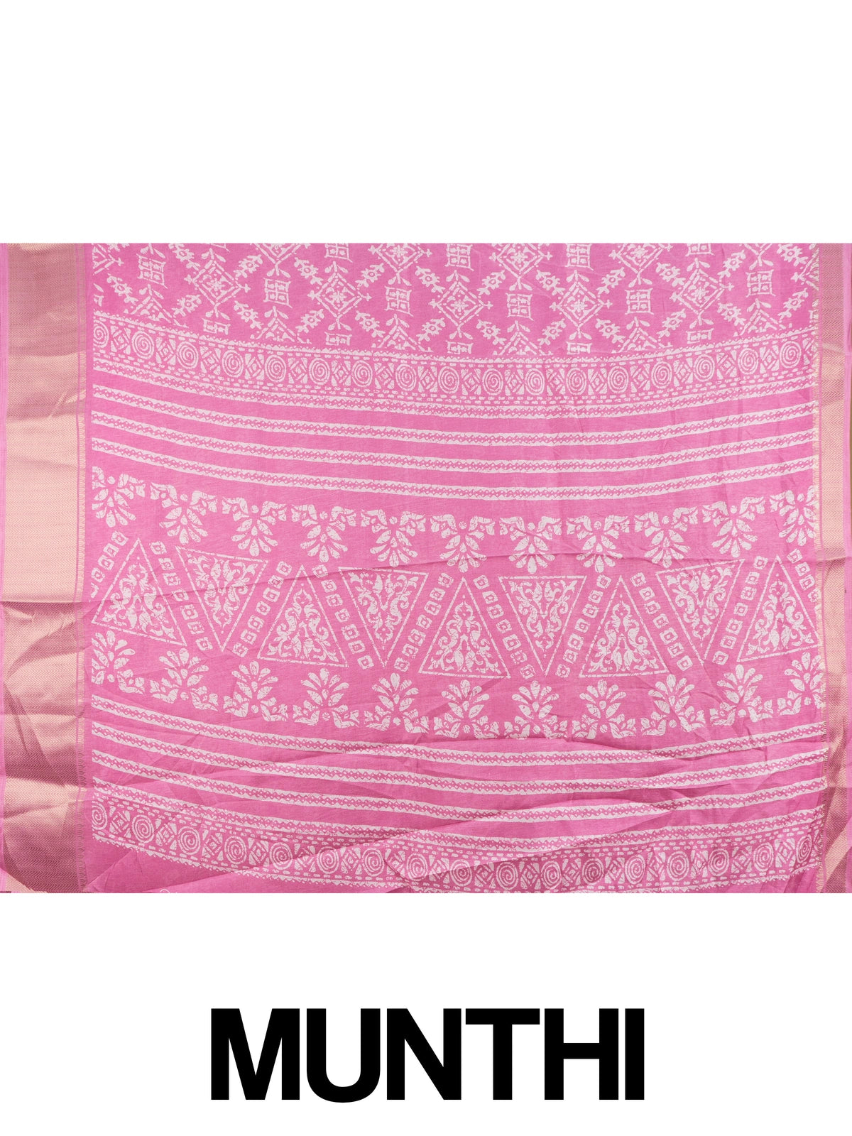 Pink and white batik print cotton designer saree with gold zari border