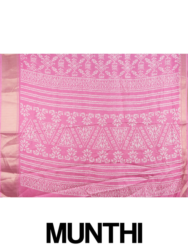 Pink and white batik print cotton designer saree with gold zari border