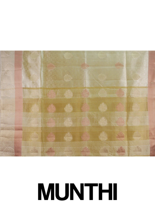 Cream gold semi tussar saree with woven floral zari buta and contrast peach border