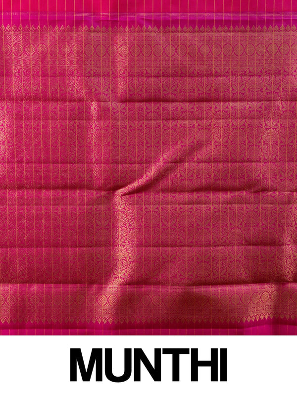 Pink and gold pure Kanchipuram silk saree with woven zari checks, floral border and ornate pallu