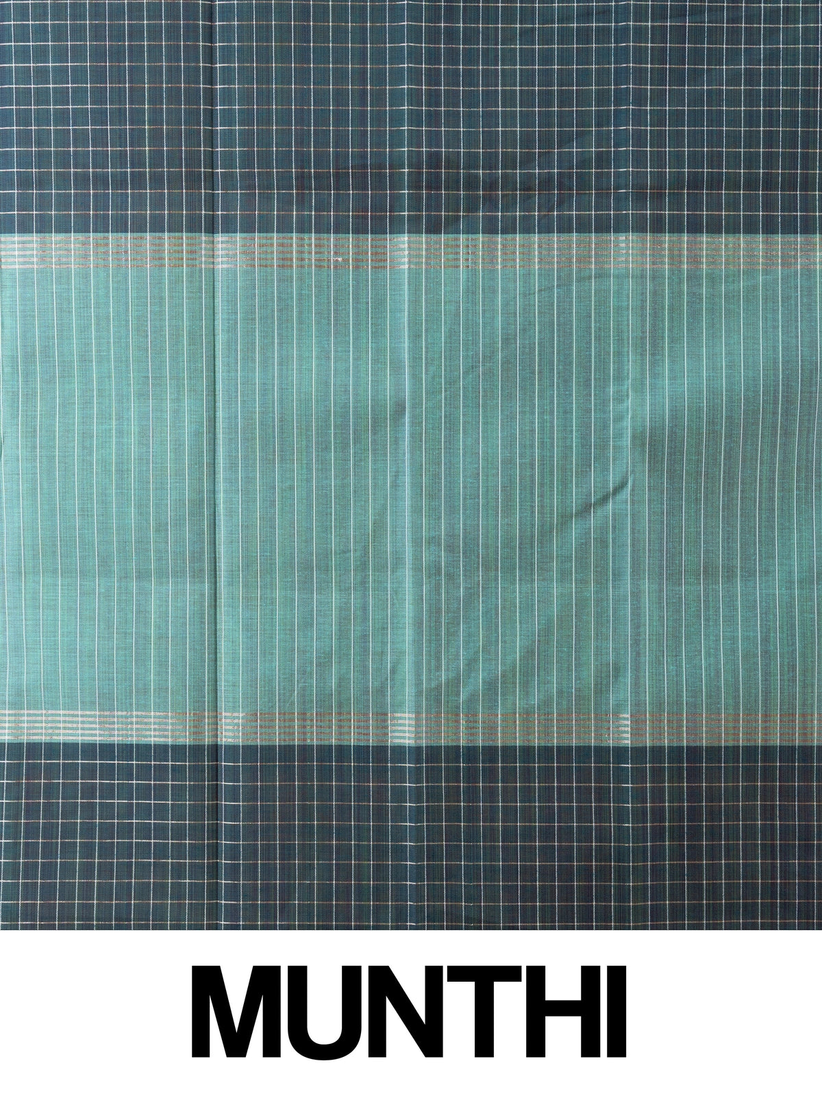 Teal linen cotton saree with white and gold checks, contrast zari border and striped turquoise pallu