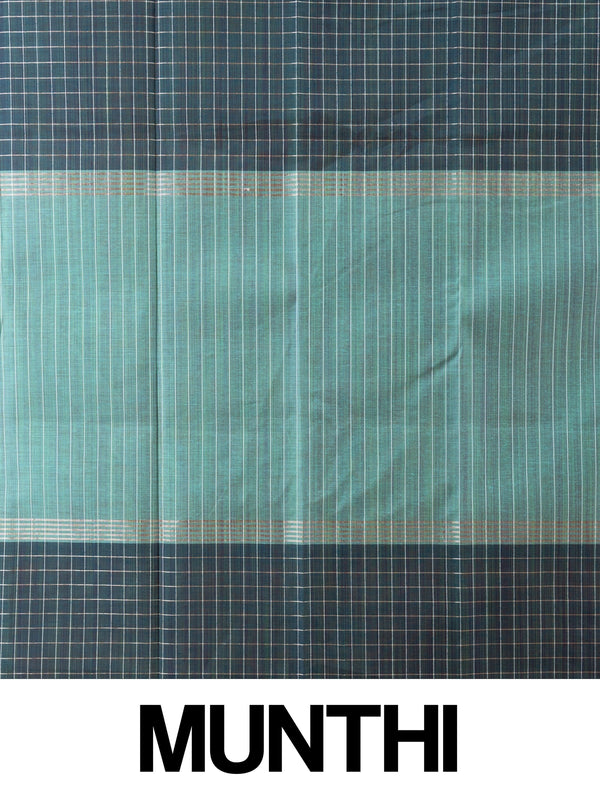 Teal linen cotton saree with white and gold checks, contrast zari border and striped turquoise pallu