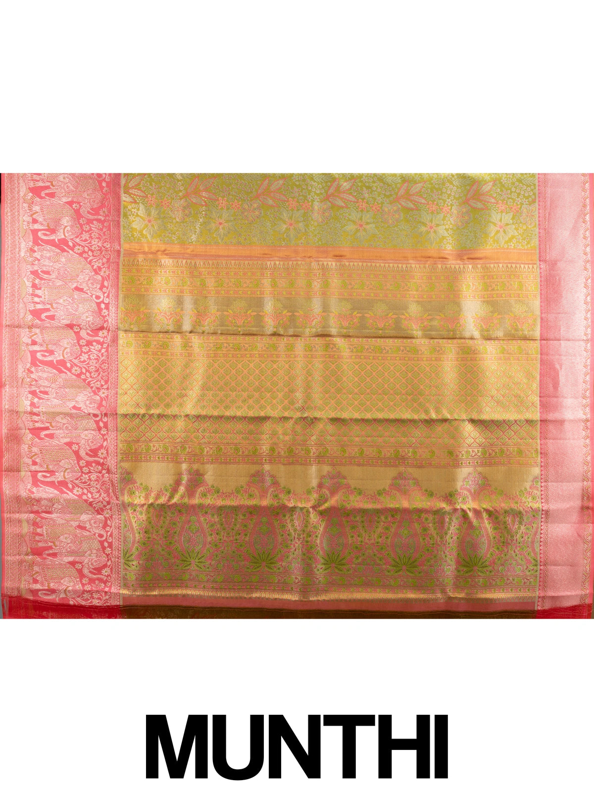 Mehendi green Pure Kanchipuram silk saree with pink contrast zari border and elephant motifs