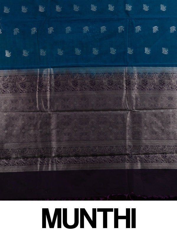Peacock blue silk cotton saree with silver lotus buttas and contrast purple silver-woven border