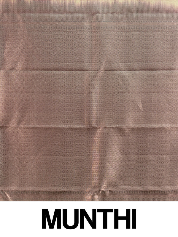 Mehendi green pure Kanchipuram silk saree with grey-brown contrast border and copper zari pallu