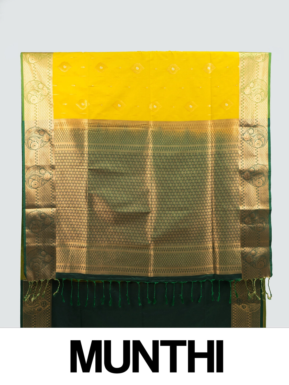 Yellow semi silk saree with contrast green and gold zari border and pallu
