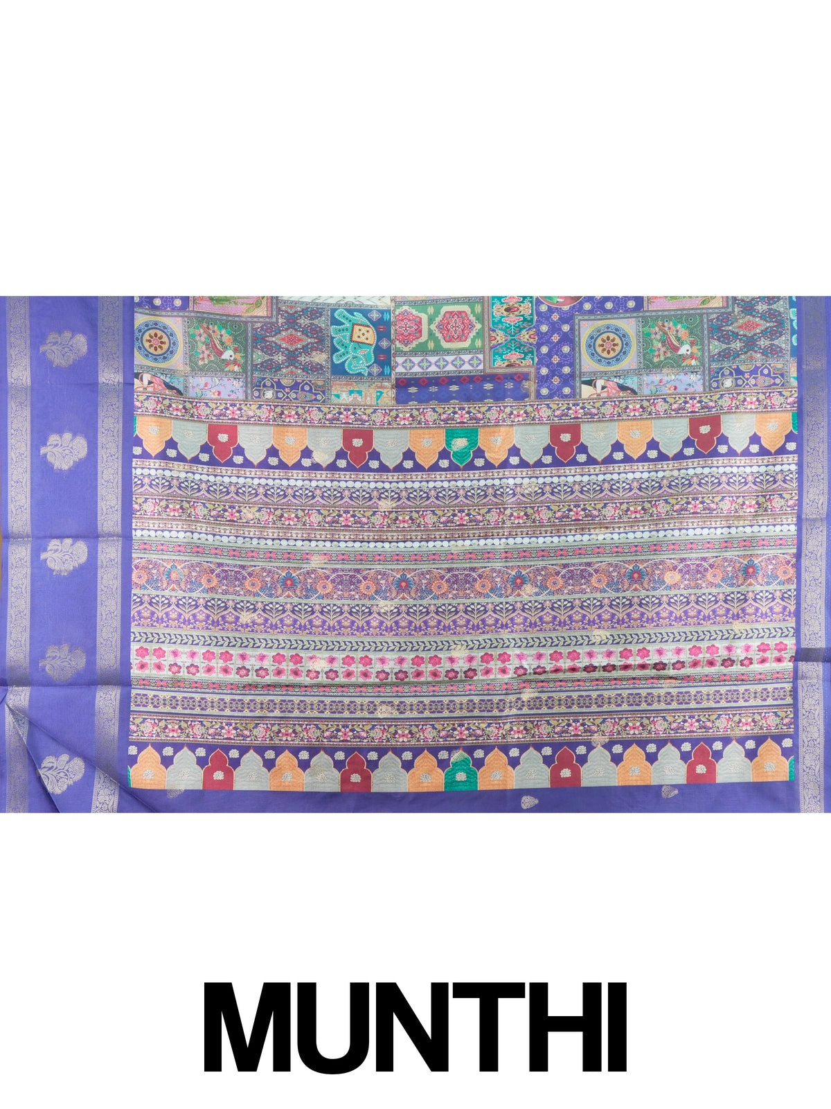 Royal blue multicolour Dola silk saree with patchwork print and gold zari border