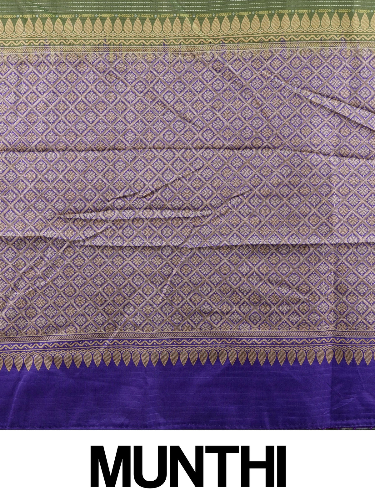 Olive green Dola silk saree with contrast violet checked zari border and geometric gold zari pallu