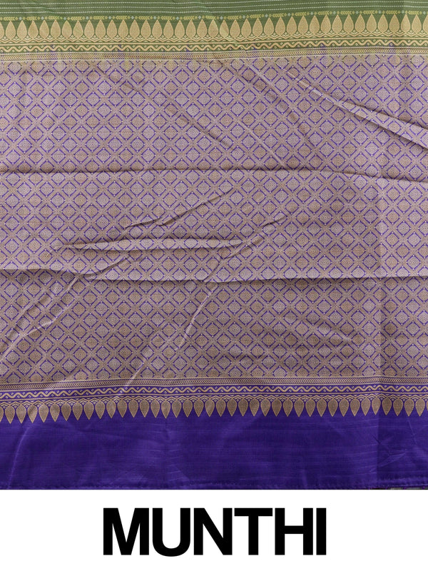 Olive green Dola silk saree with contrast violet checked zari border and geometric gold zari pallu