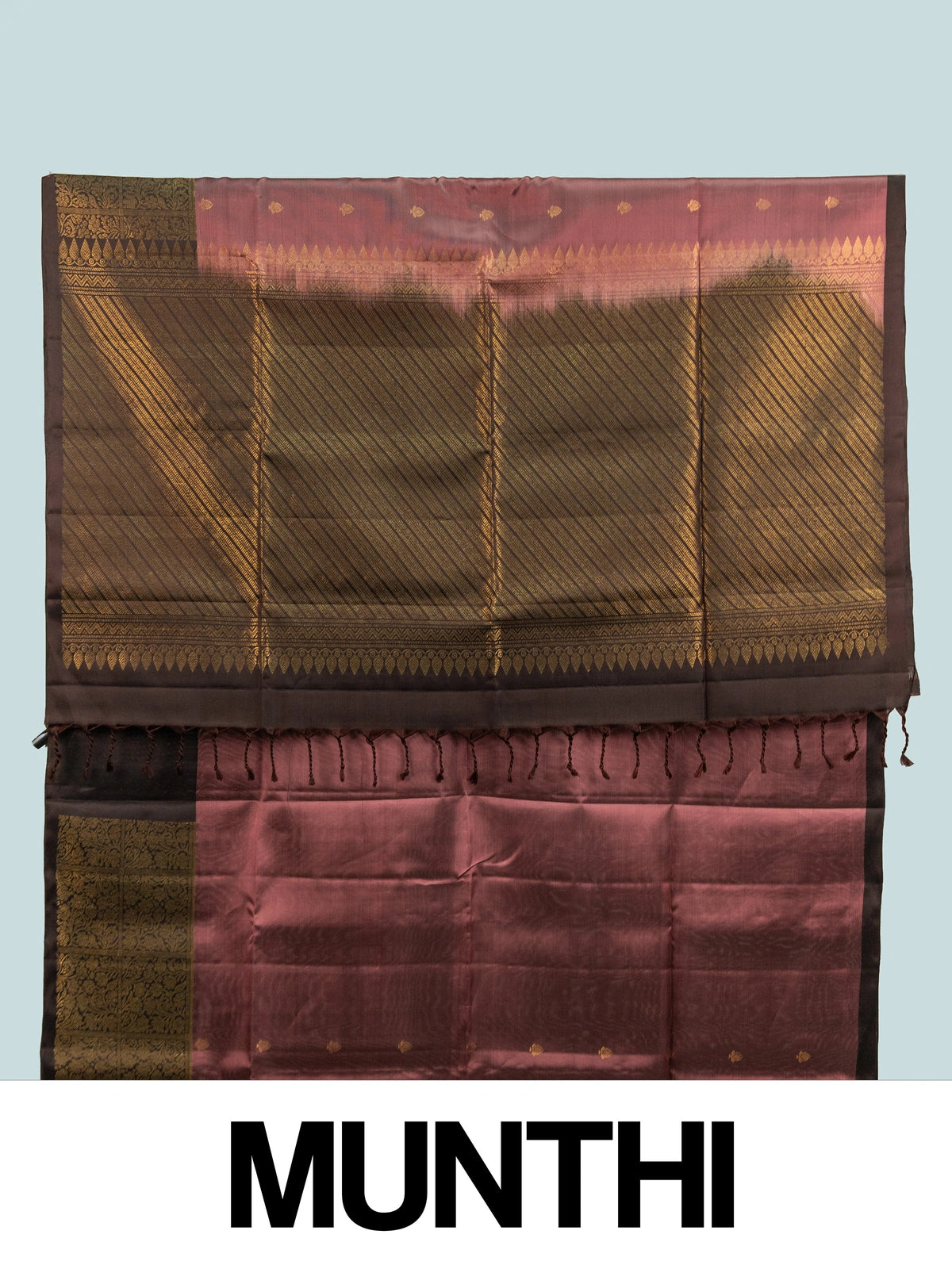 Mauve Kanchipuram Pure Mix saree with dark brown contrast gold zari border and striped pallu